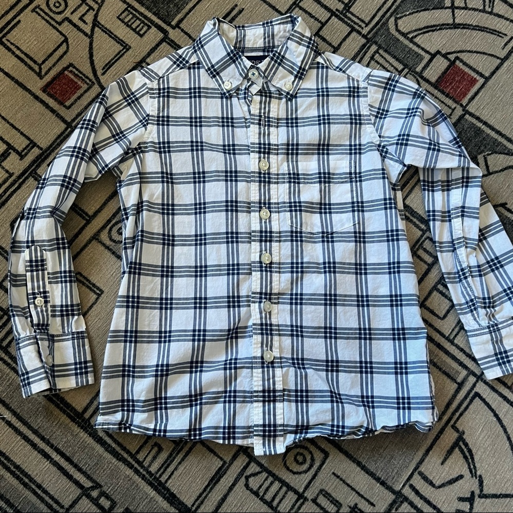 Lands End plaid button down Oxford shirt, cotton dress shirt, navy and white